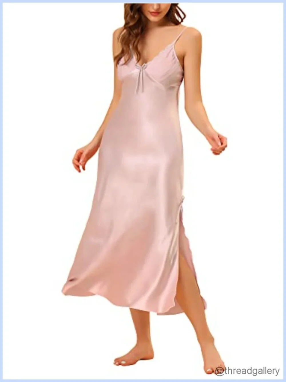 Satin V Neck Nightdress Soft Midi Lounge Sleep Dress Adjustable Spaghetti Strap